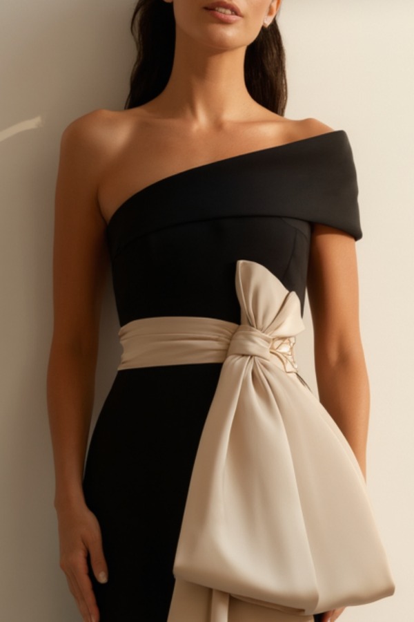 Formal Dress Black One Shoulder Bow Maxi Dress