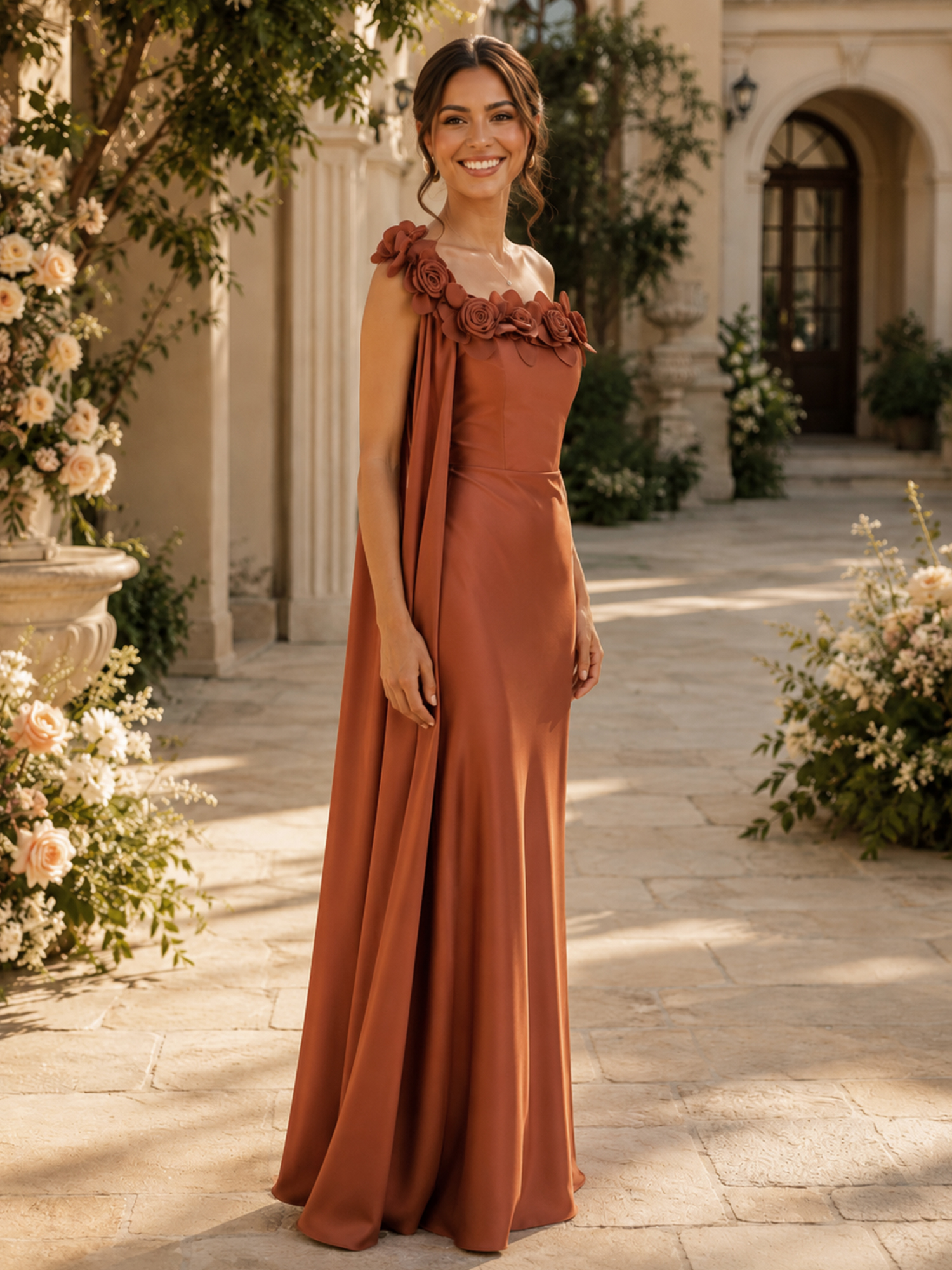 One-Shoulder Floral Applique Satin Evening Gown
