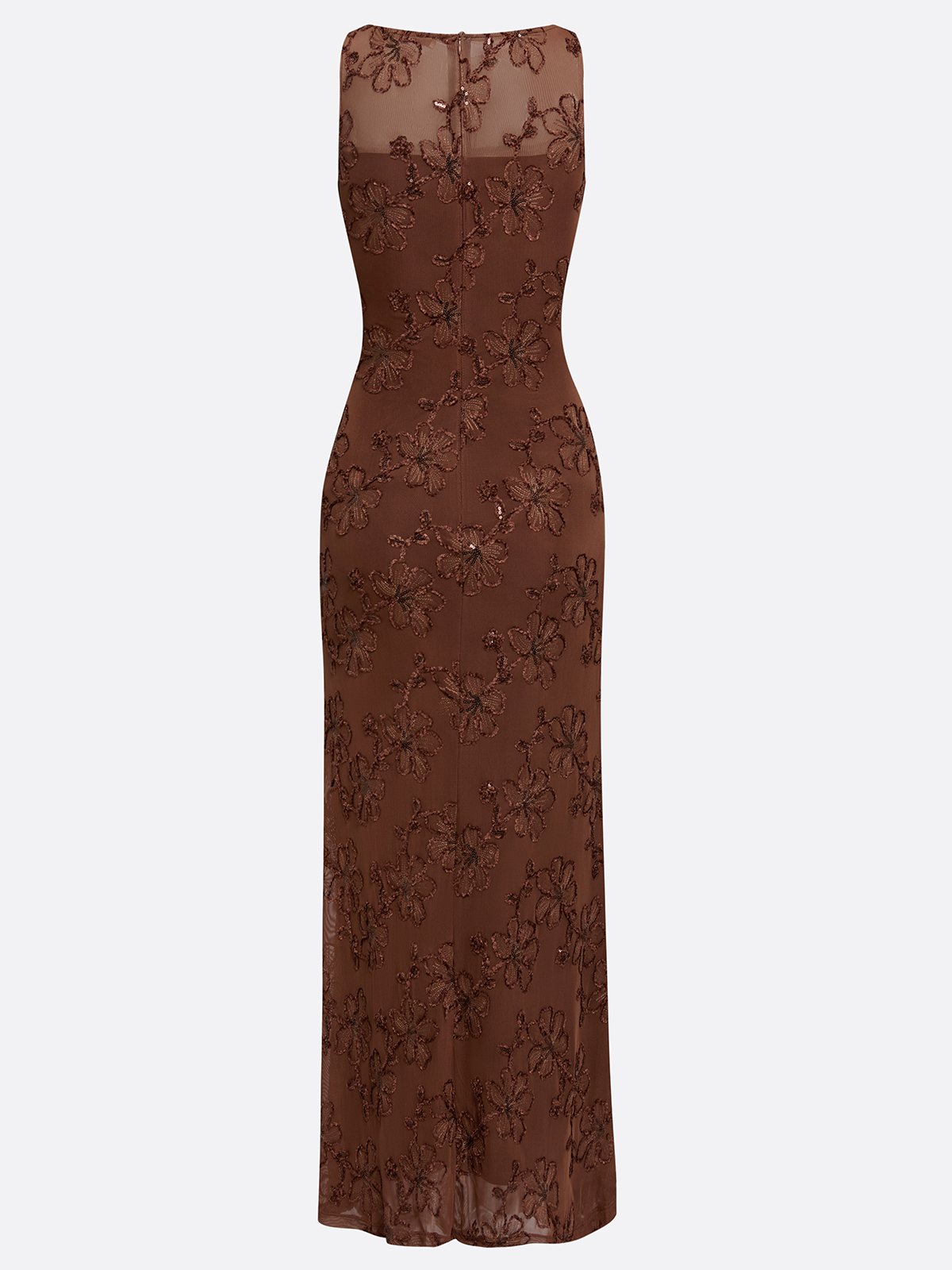 Sleeveless Embroidered Floral Mesh Long Evening Dress