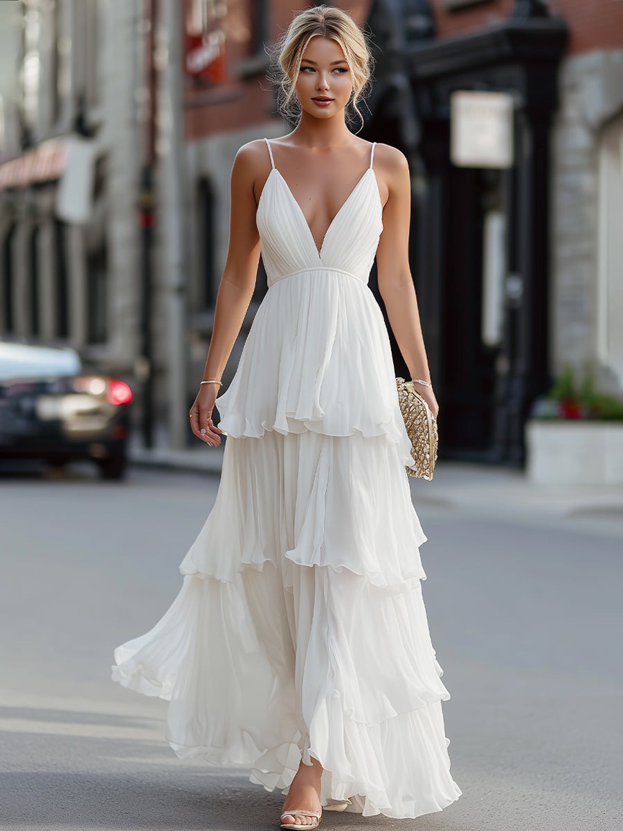 White Tiered V-Neck Spaghetti Strap Maxi Dress