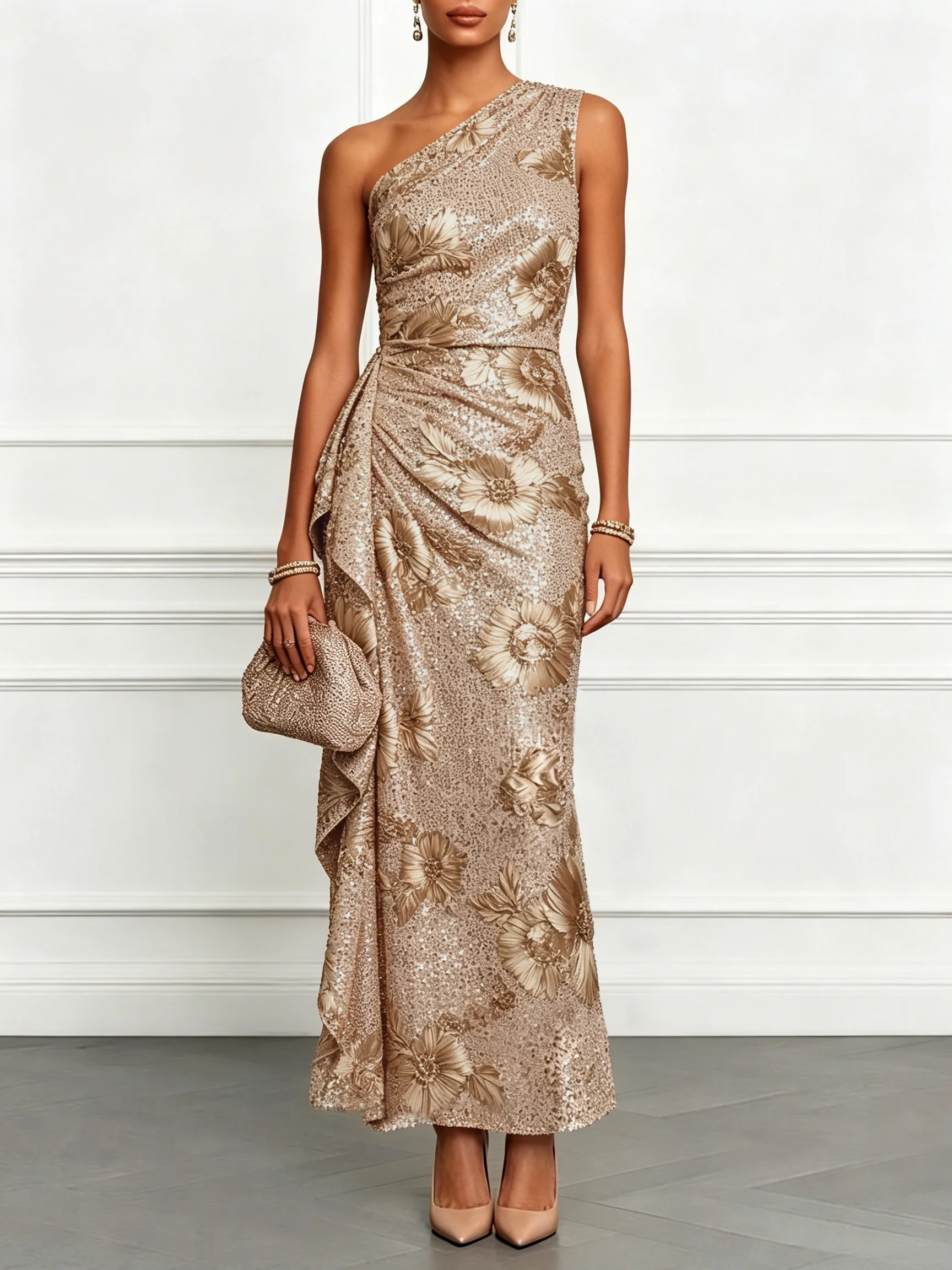 One-Shoulder Sequin Floral Ruffle Long Evening Gown