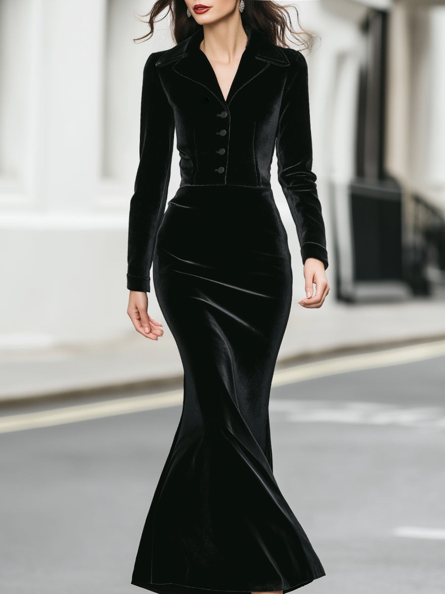 Black Velvet Long-Sleeve Buttoned Mermaid Dress