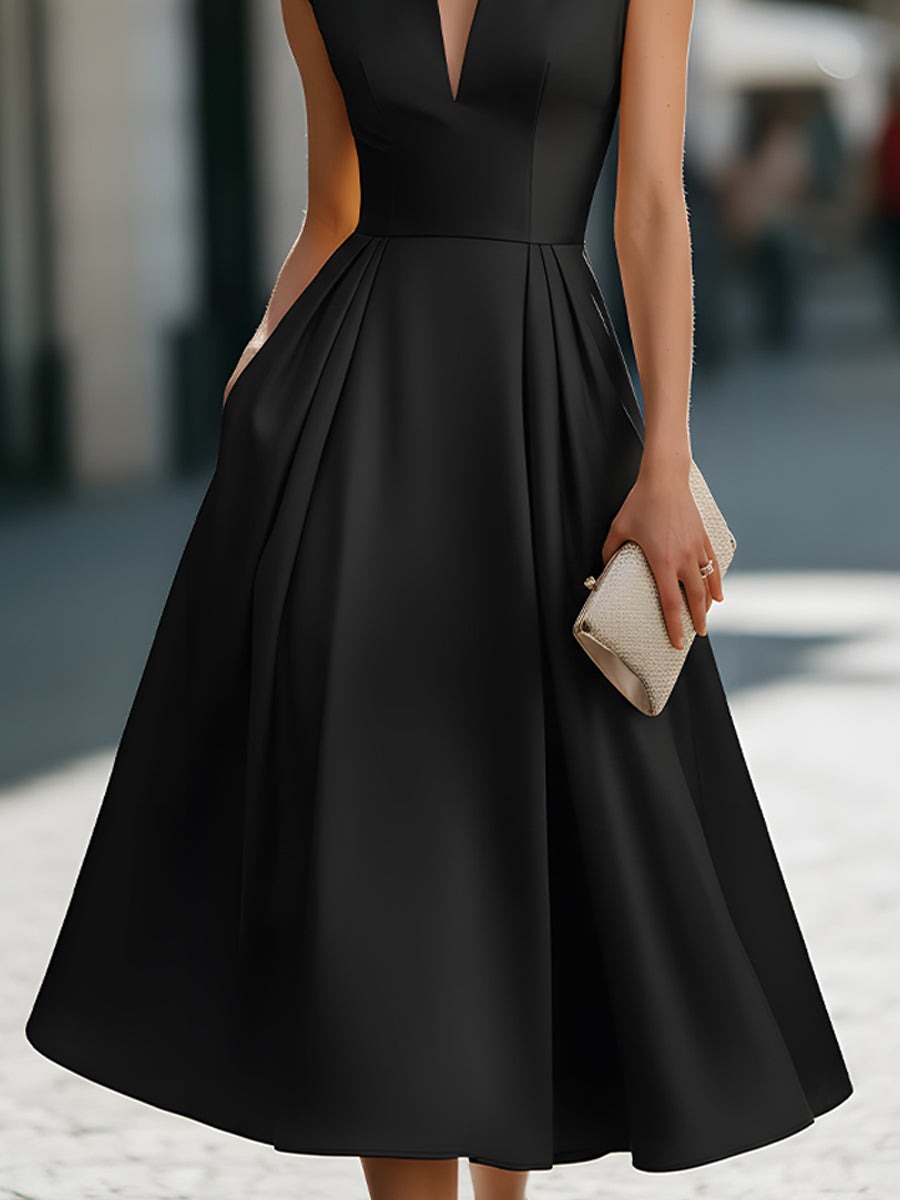 Black Cap-Sleeve Deep V-Neck Pleated Midi Dress
