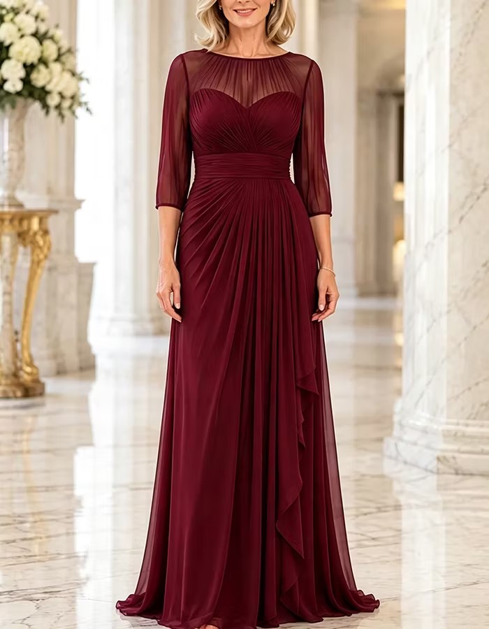 Illusion Boat Neck Pleated Chiffon Evening Gown