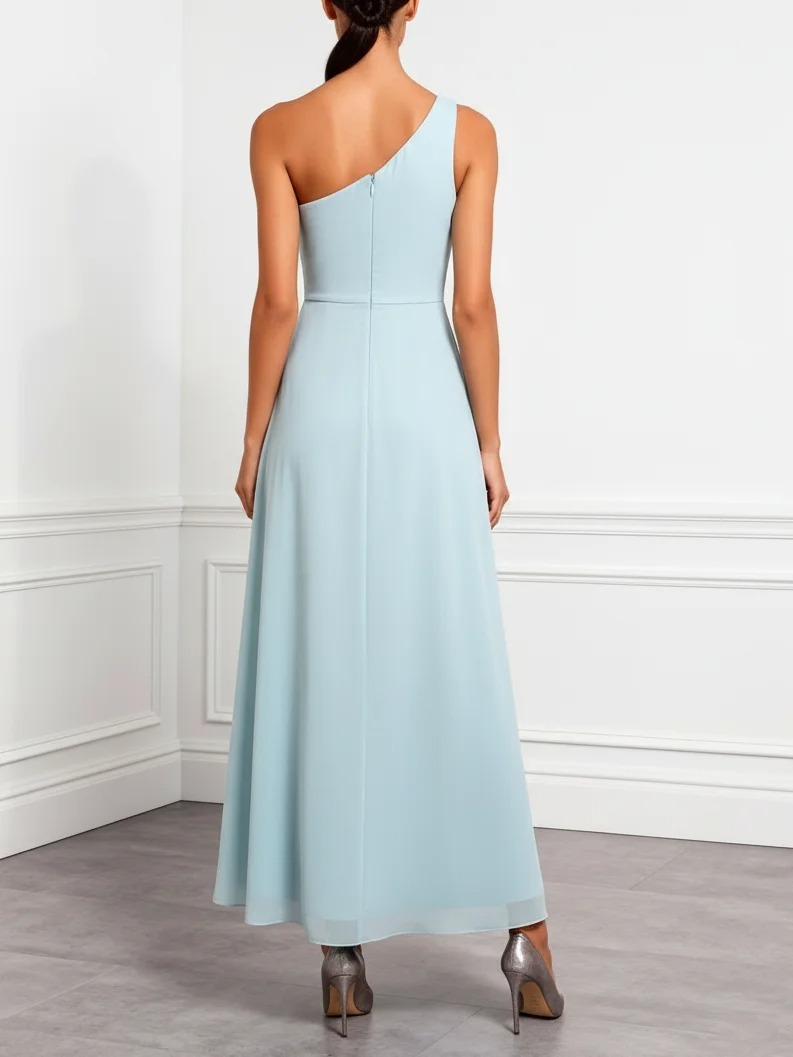 Light Blue Ruffled Ruched Chiffon One Shoulder Sleeveless A-Line Maxi Dress