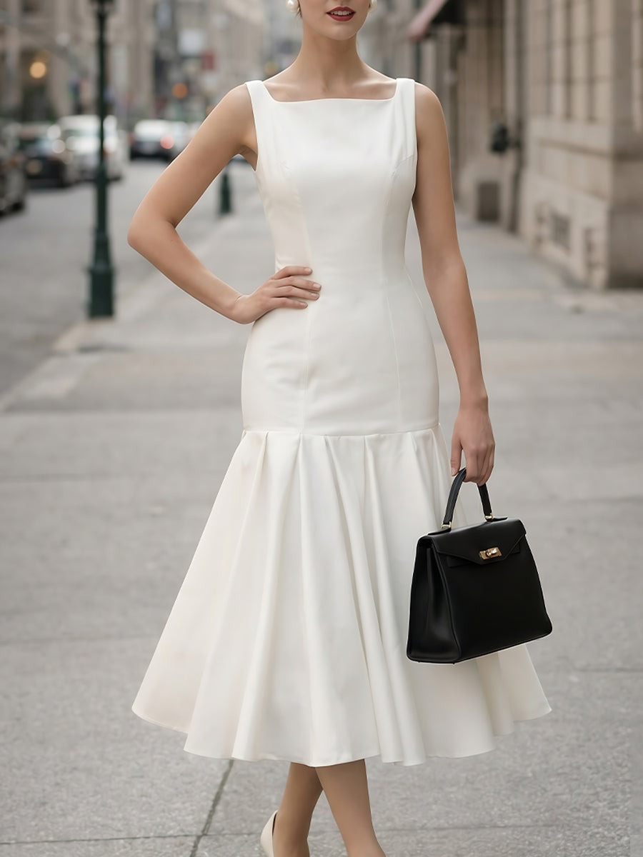White Square-Neck Fitted Midi Dress With Flared Hem