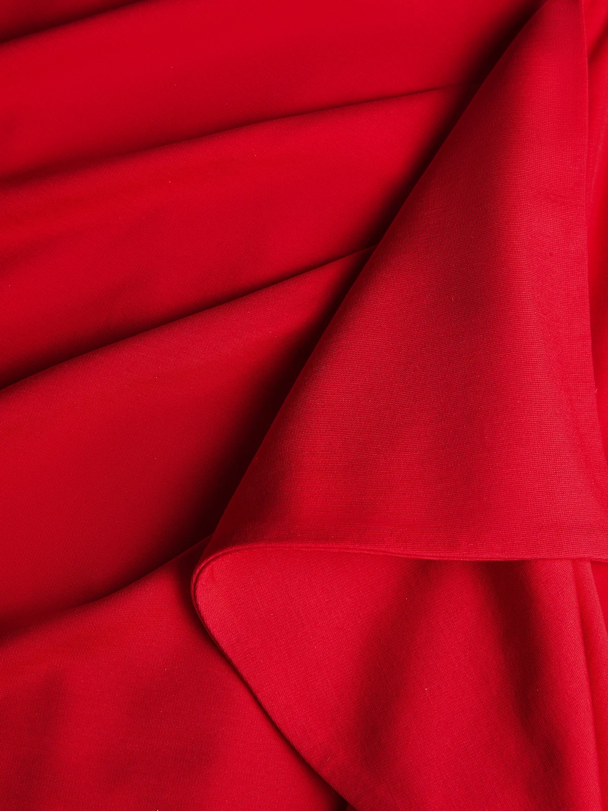 Red Ruffled Ruched Knit V Neck Long Sleeve Sheath Midi Dress