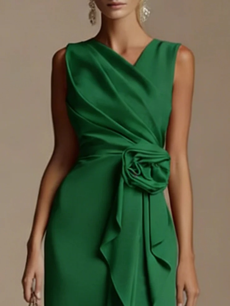 Green 3D Floral Peplum Classic V Neck Sleeveless Shift Midi Dress