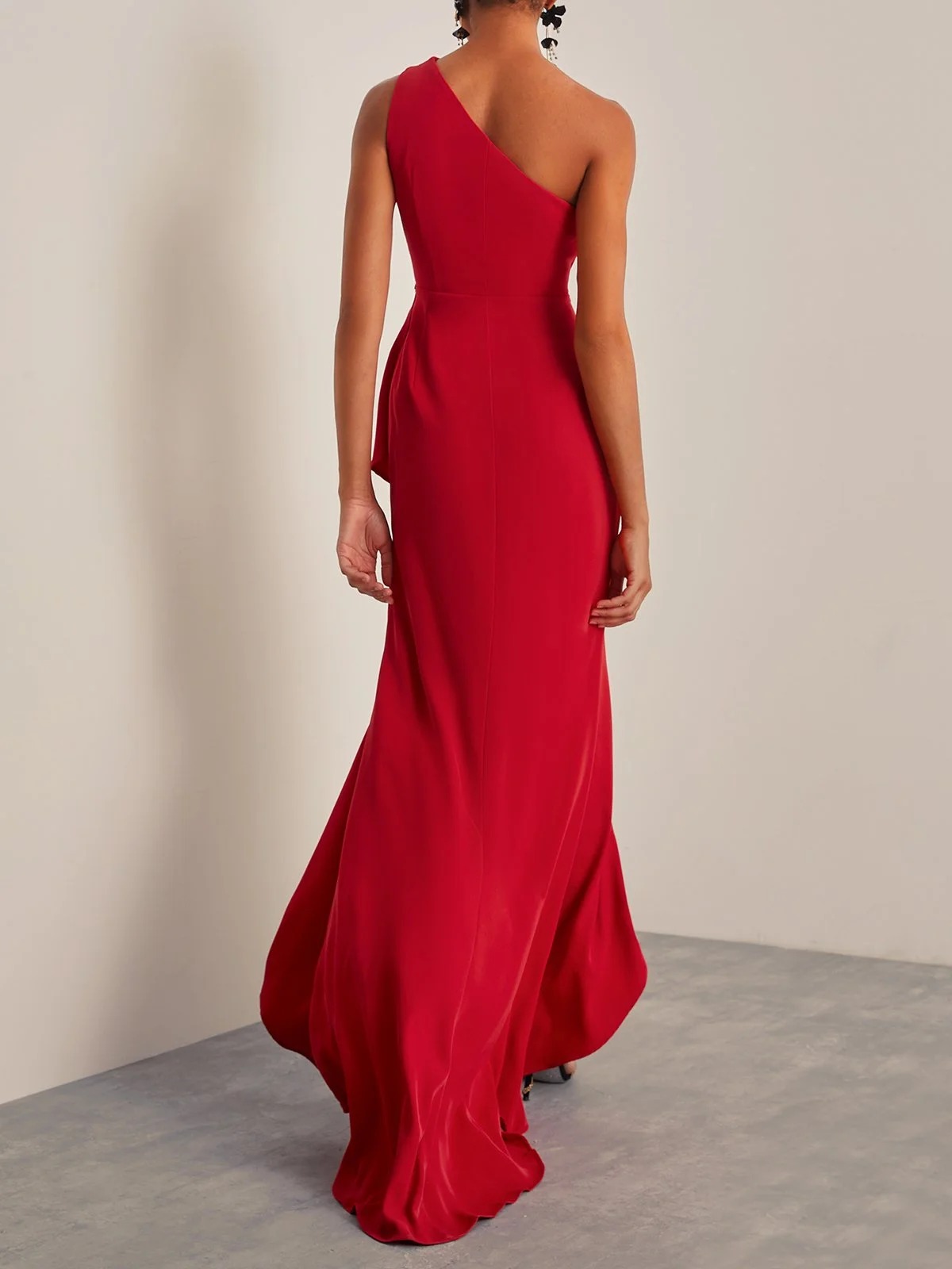 Red Beaded One Shoulder Sleeveless Slit Sheath Gown Dress