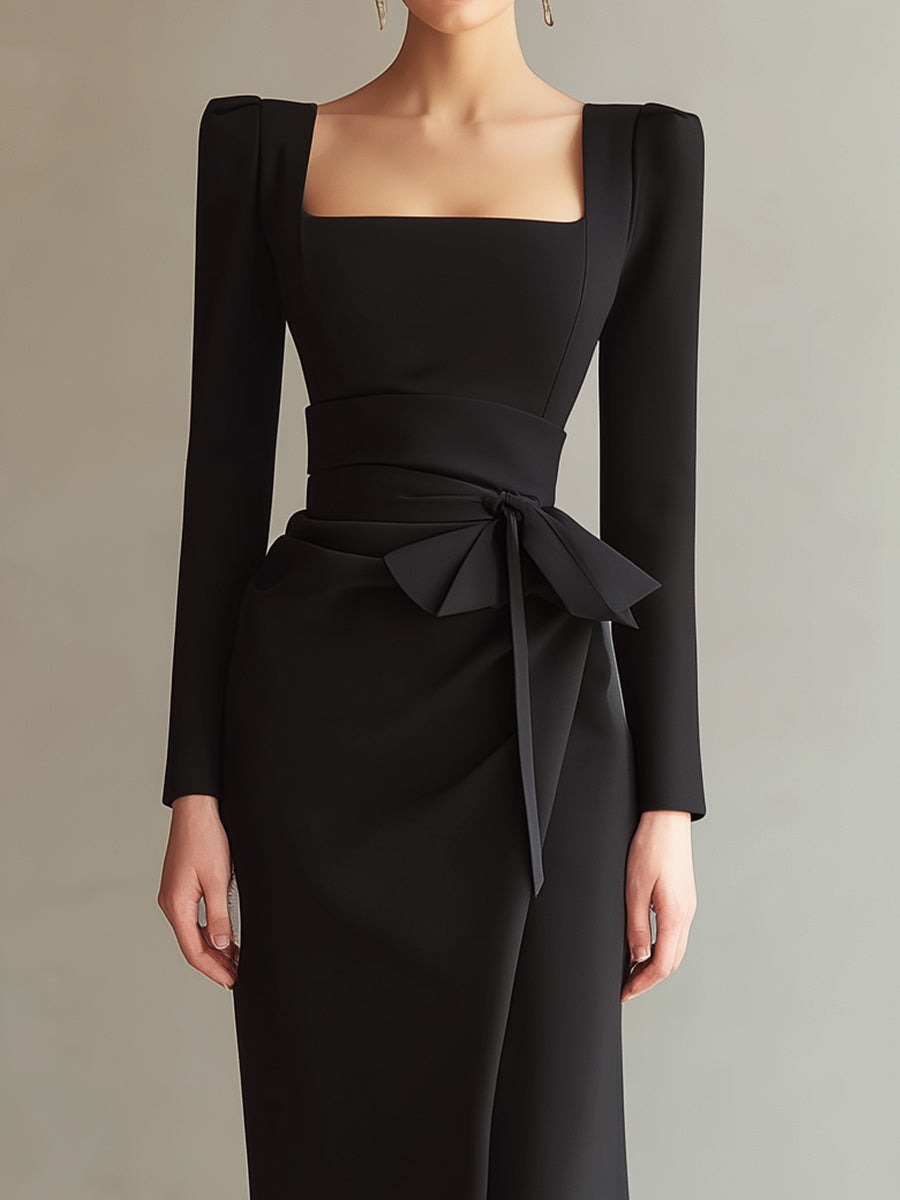 Black Square-Neck Long Sleeve Wrap-Style Maxi Dress With Waist Tie