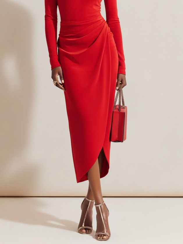 Red Asymmetric Ruched Knit Boat Neck Long Sleeve Sheath Midi Dress