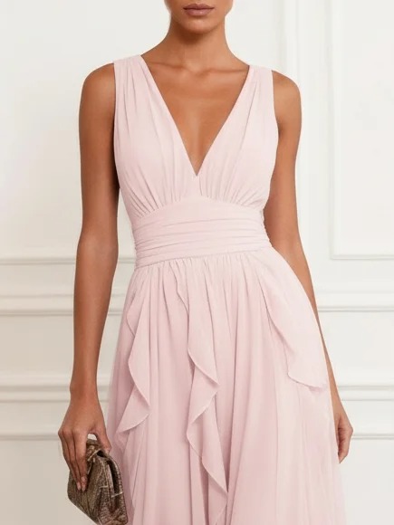 Pink Ruffled Chiffon V Neck Sleeveless A-Line Maxi Dress