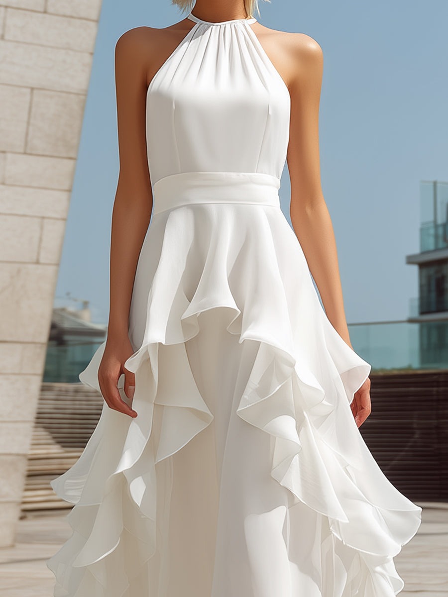 White Halter Layered Ruffle Maxi Dress