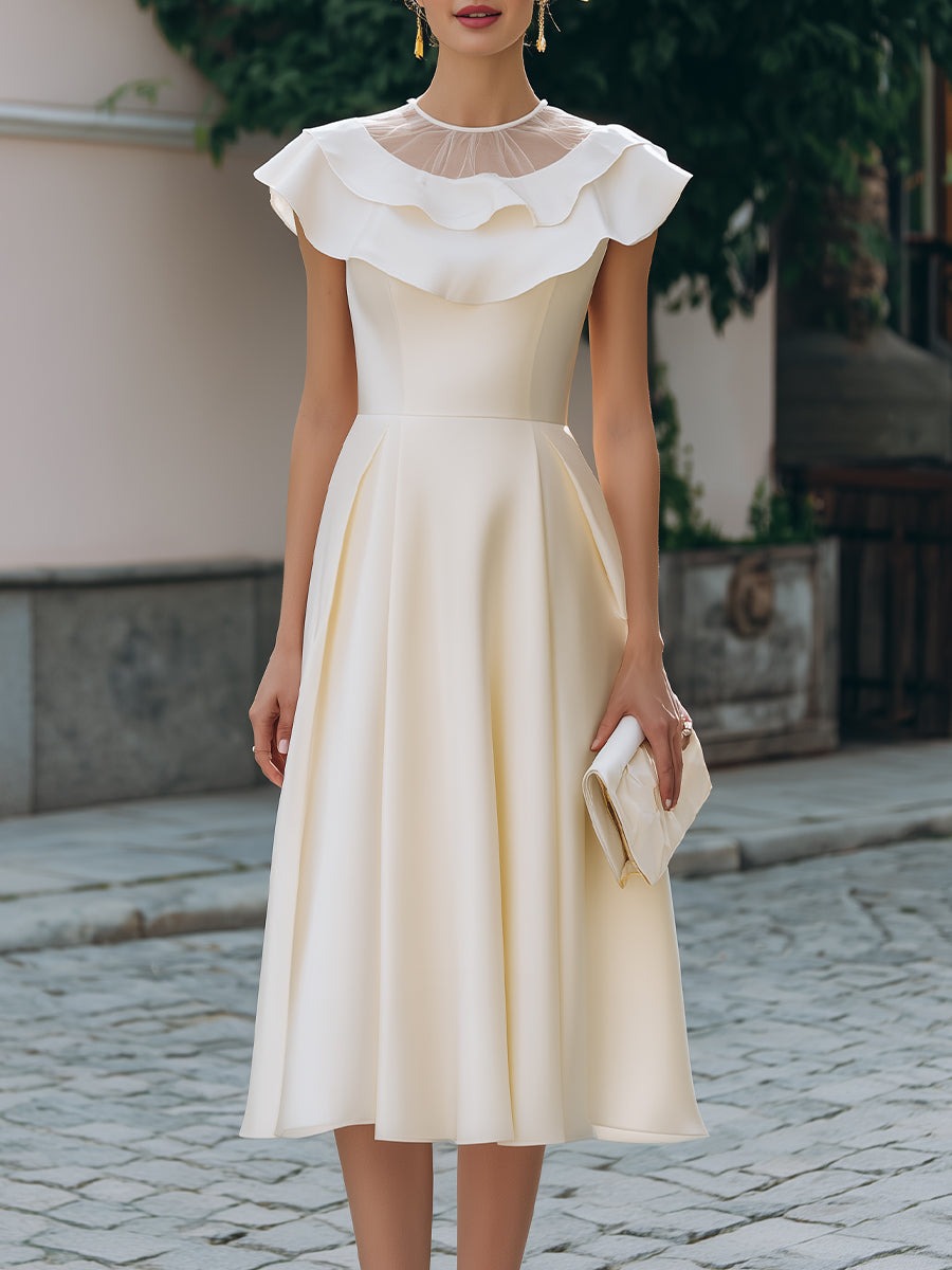 Ivory Ruffled Neckline Cap-Sleeve A-Line Midi Dress