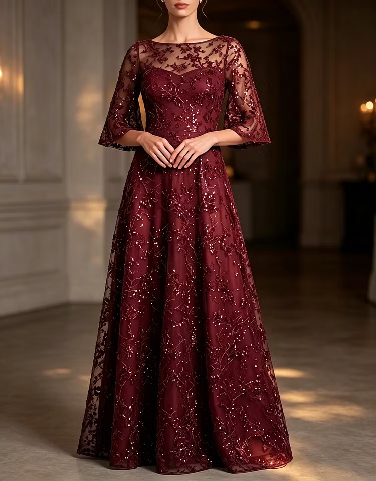 Boat Neck Flare Sleeve Beaded Mesh Evening Gown
