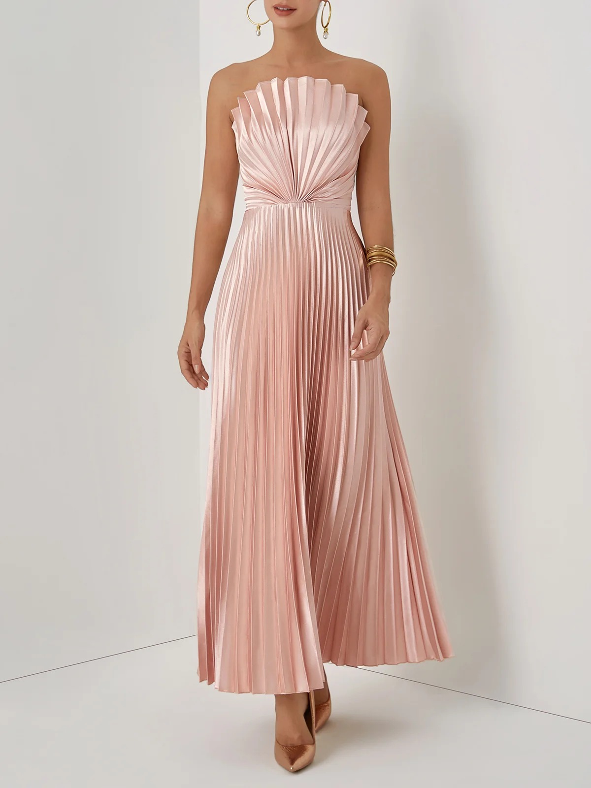 Rose Gold Pleated Satin Strapless Sleeveless A-Line Midi Dress