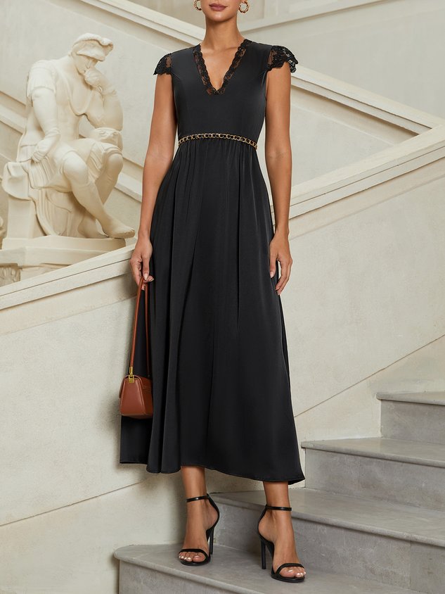 Black Lace Satin V Neck Short Sleeve A-Line Midi Dress