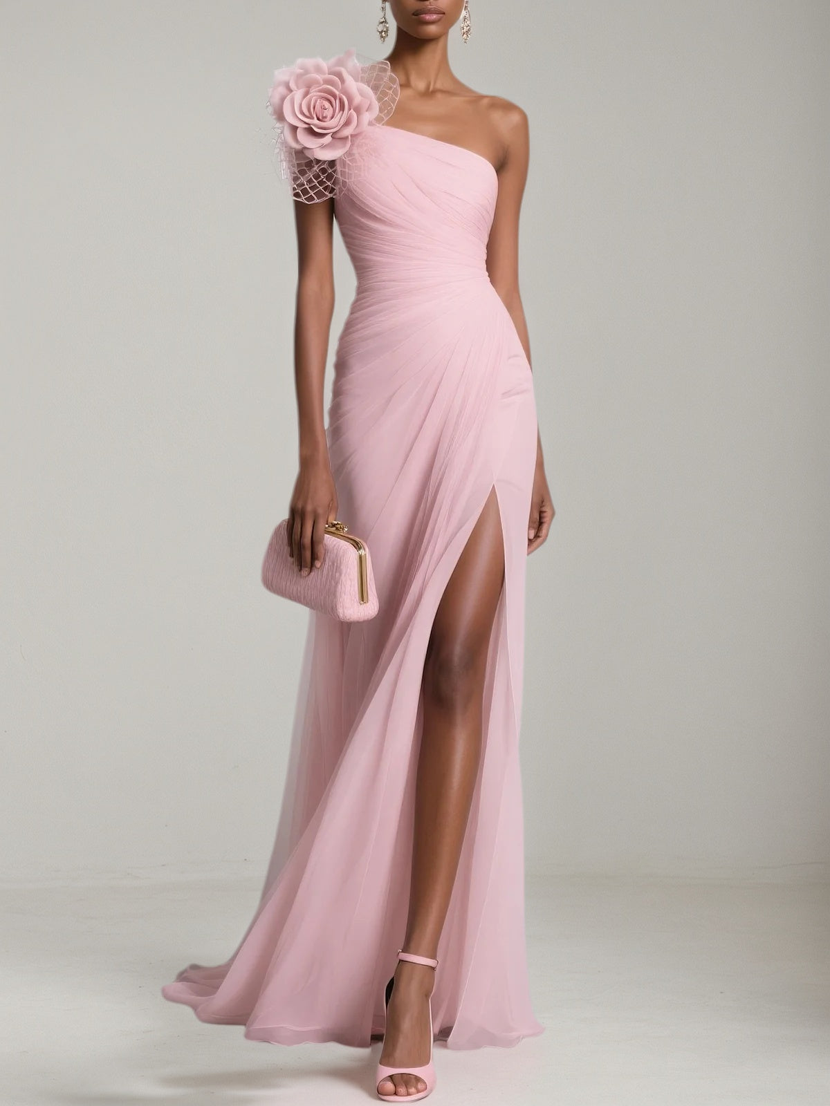 Pink Chiffon 3D Floral Slit One Shoulder Sleeveless Sheath Gown Dress