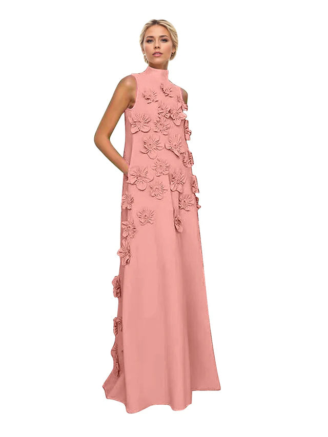 A Line High Neck Sleeveless Floor Length Stretch Crepe Dress With 3D Flowers