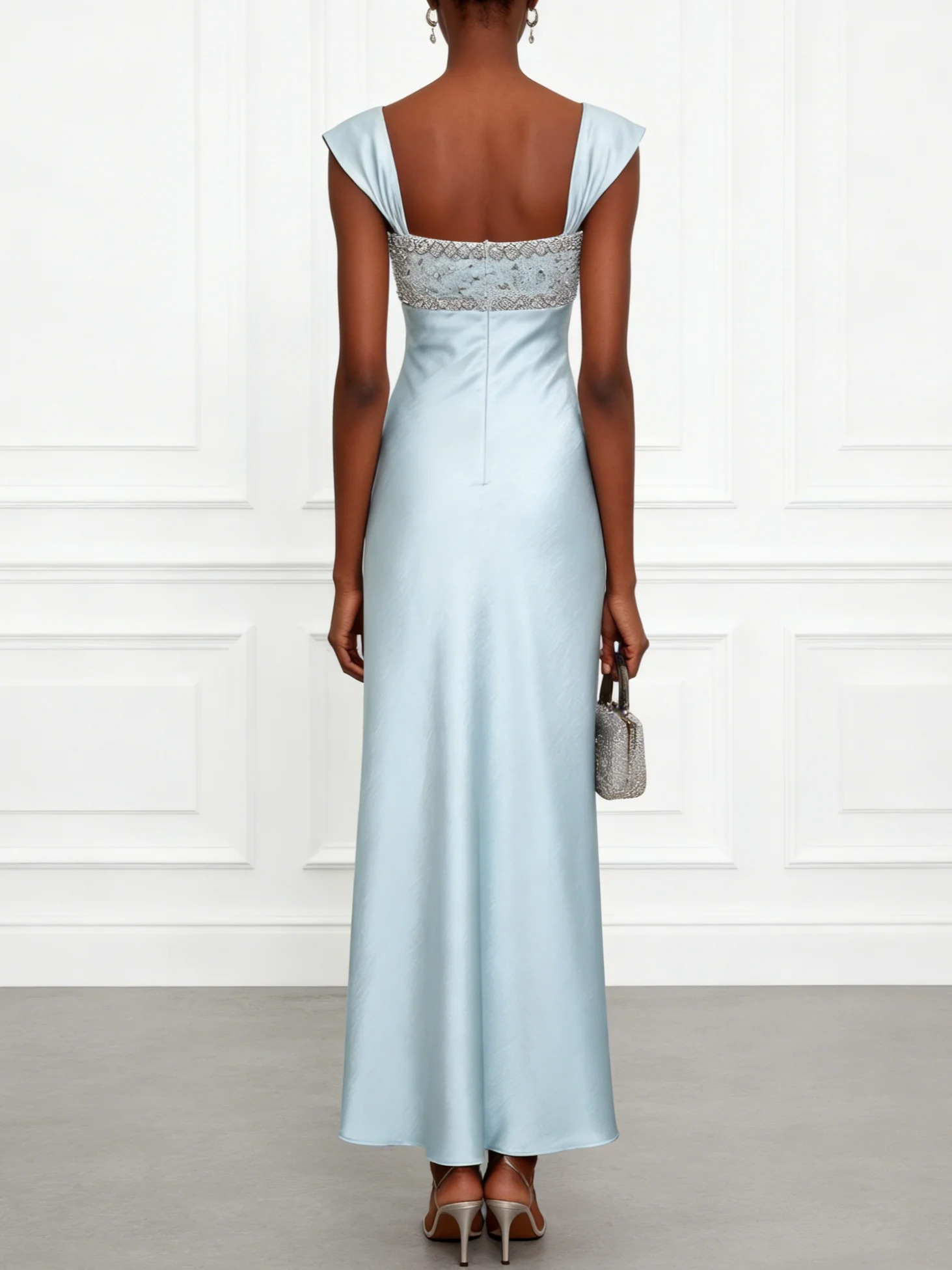 Light Blue Glitter Satin Square Neck Sleeveless A-Line Maxi Dress