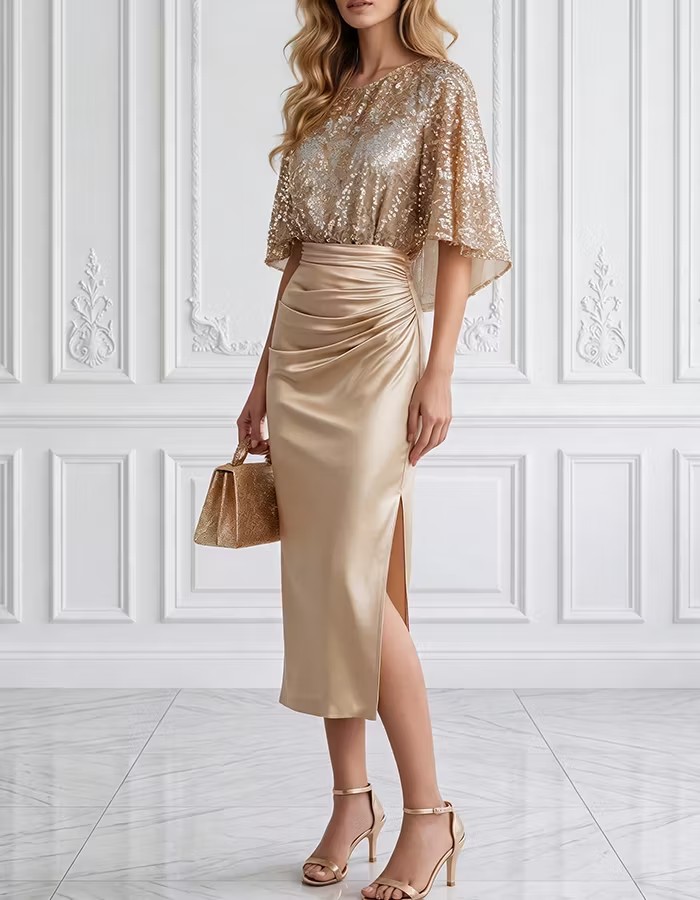 Gold Sequin Flutter Sleeve Satin Ruched Split Midi Dress
