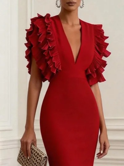 Red Peplum Classic V Neck Sleeveless Sheath Midi Dress