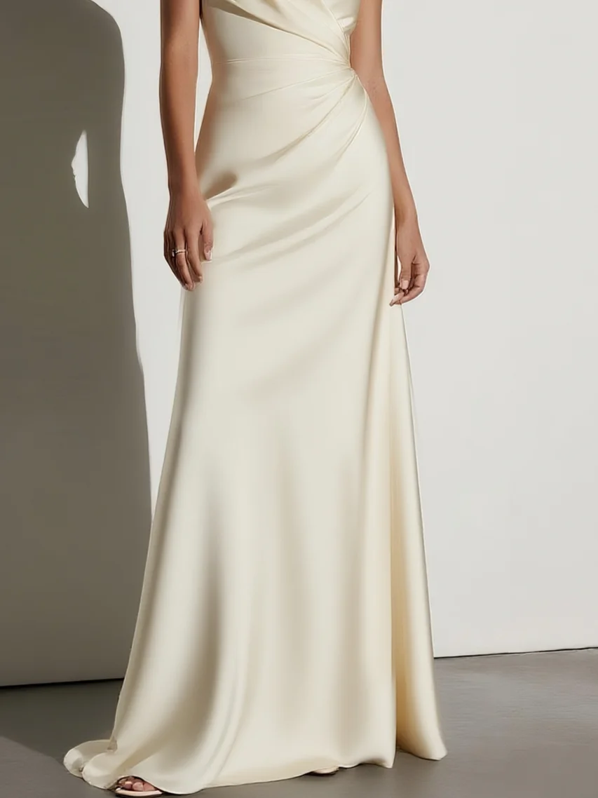 Beige Ruched Satin Spaghetti Gallus A-Line Gown Bridal/Wedding Dress