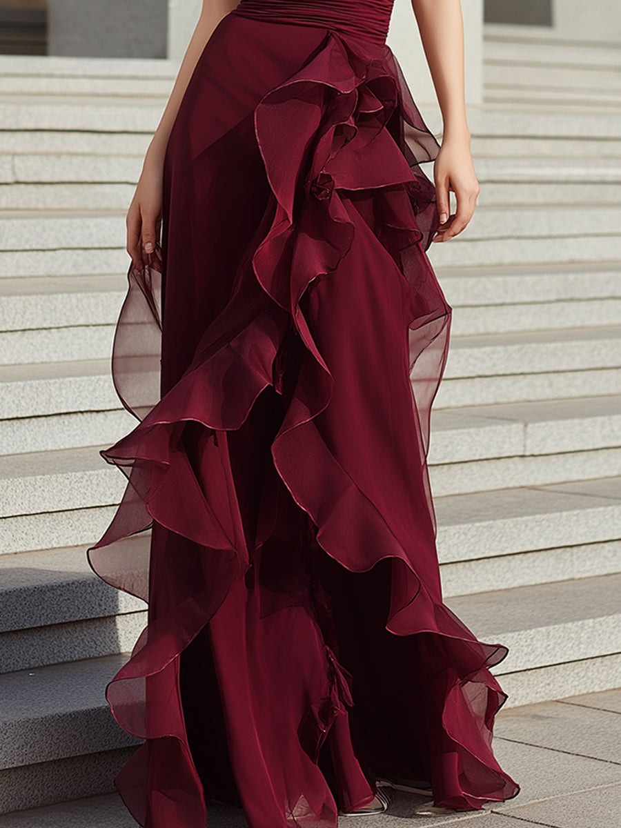 Burgundy Elegant Halter Neck Evening Gown With Draped Design