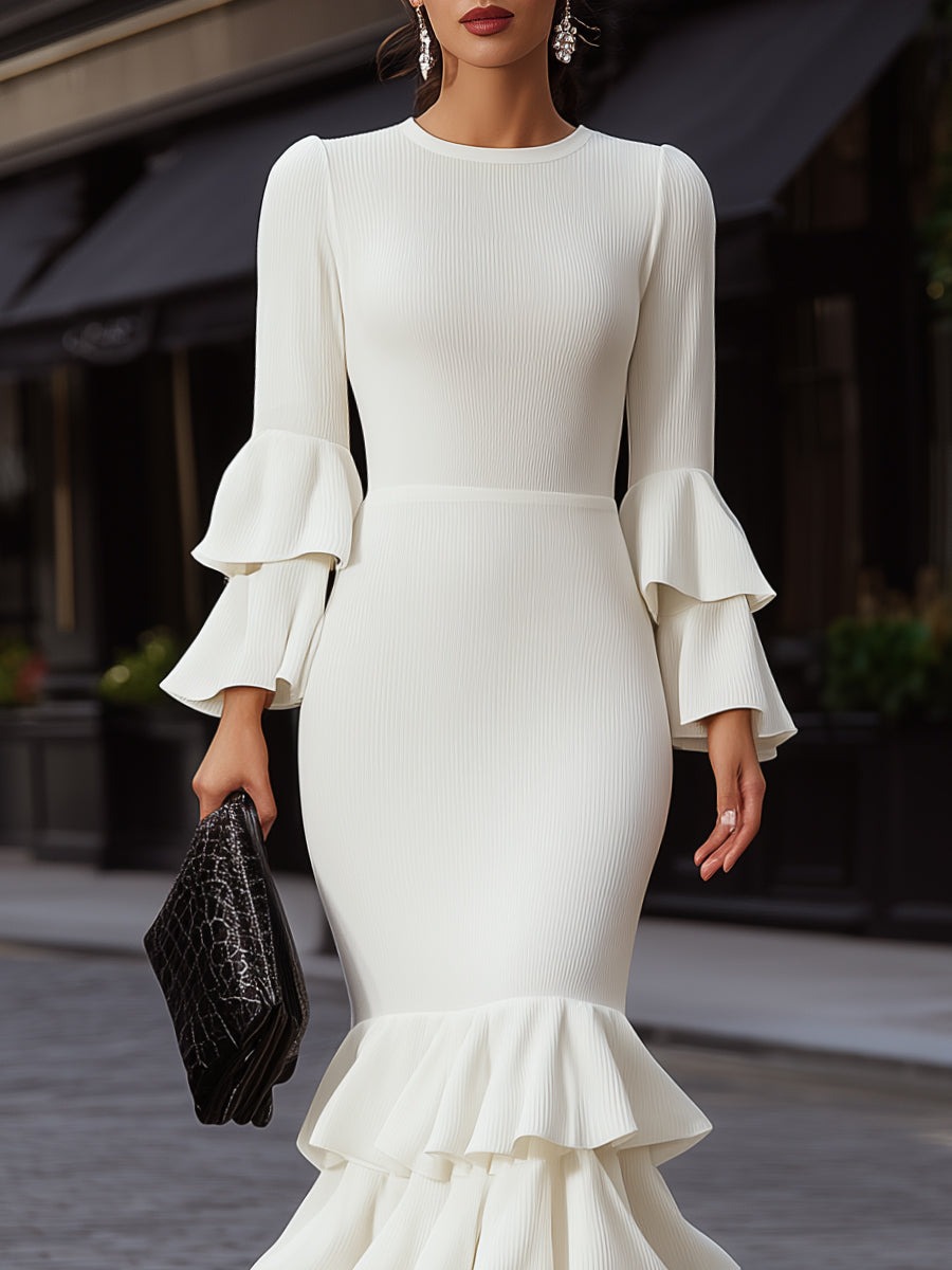 White Tiered Ruffle Hem Ribbed Midi Dress