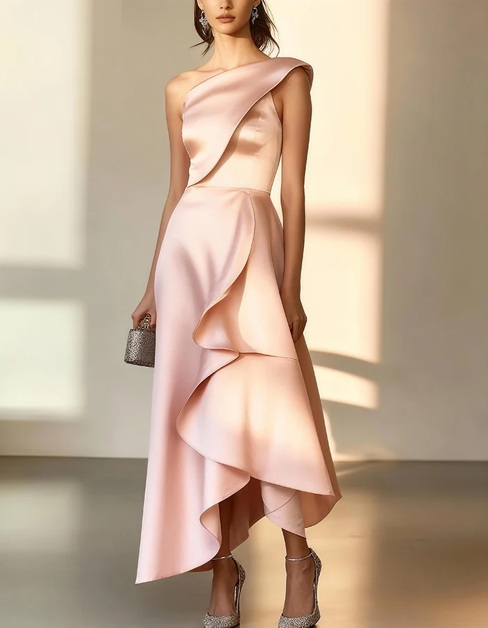 One-Shoulder Ruffle-Trim Satin Evening Gown