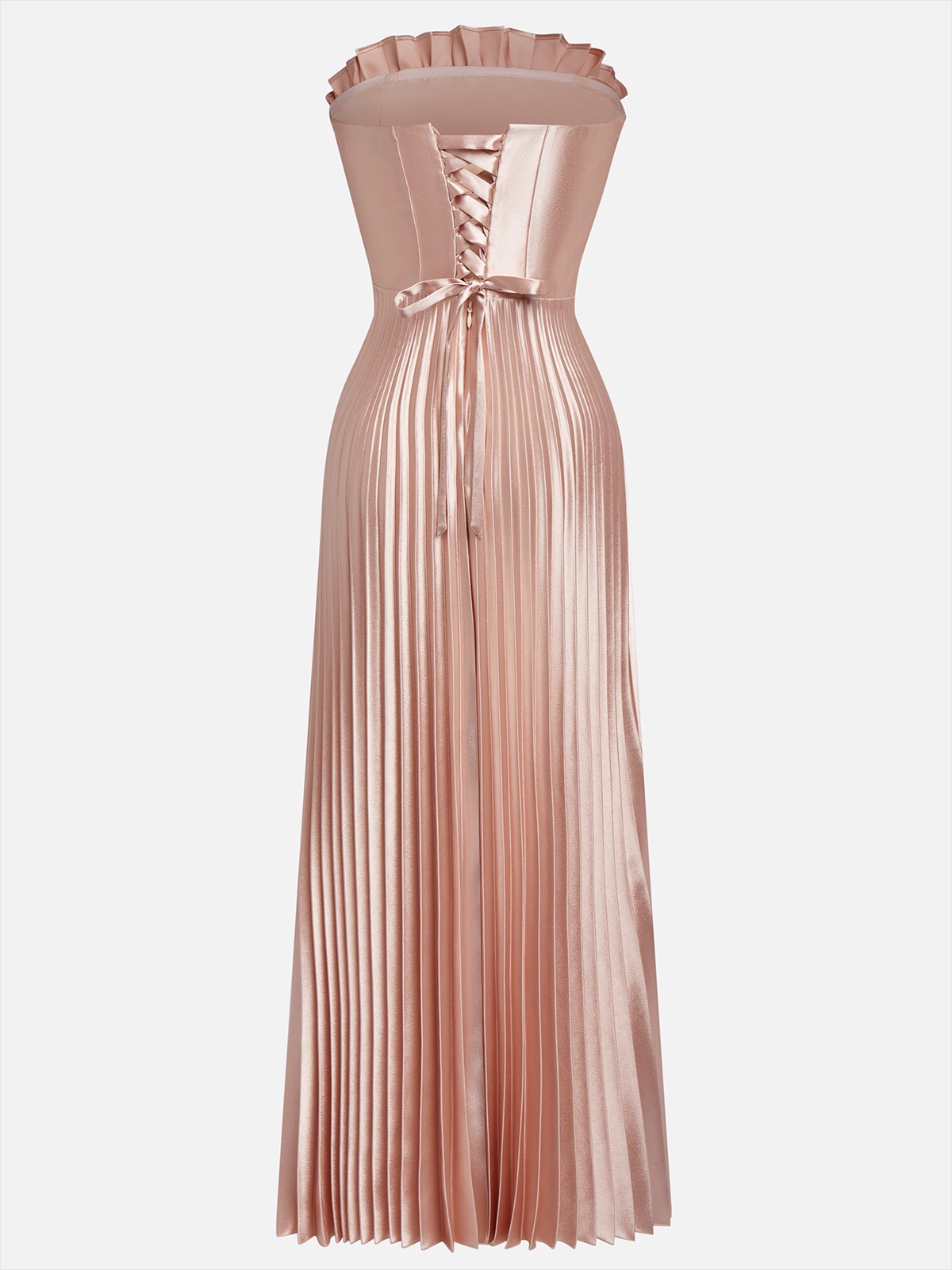 Rose Gold Pleated Satin Strapless Sleeveless A-Line Midi Dress