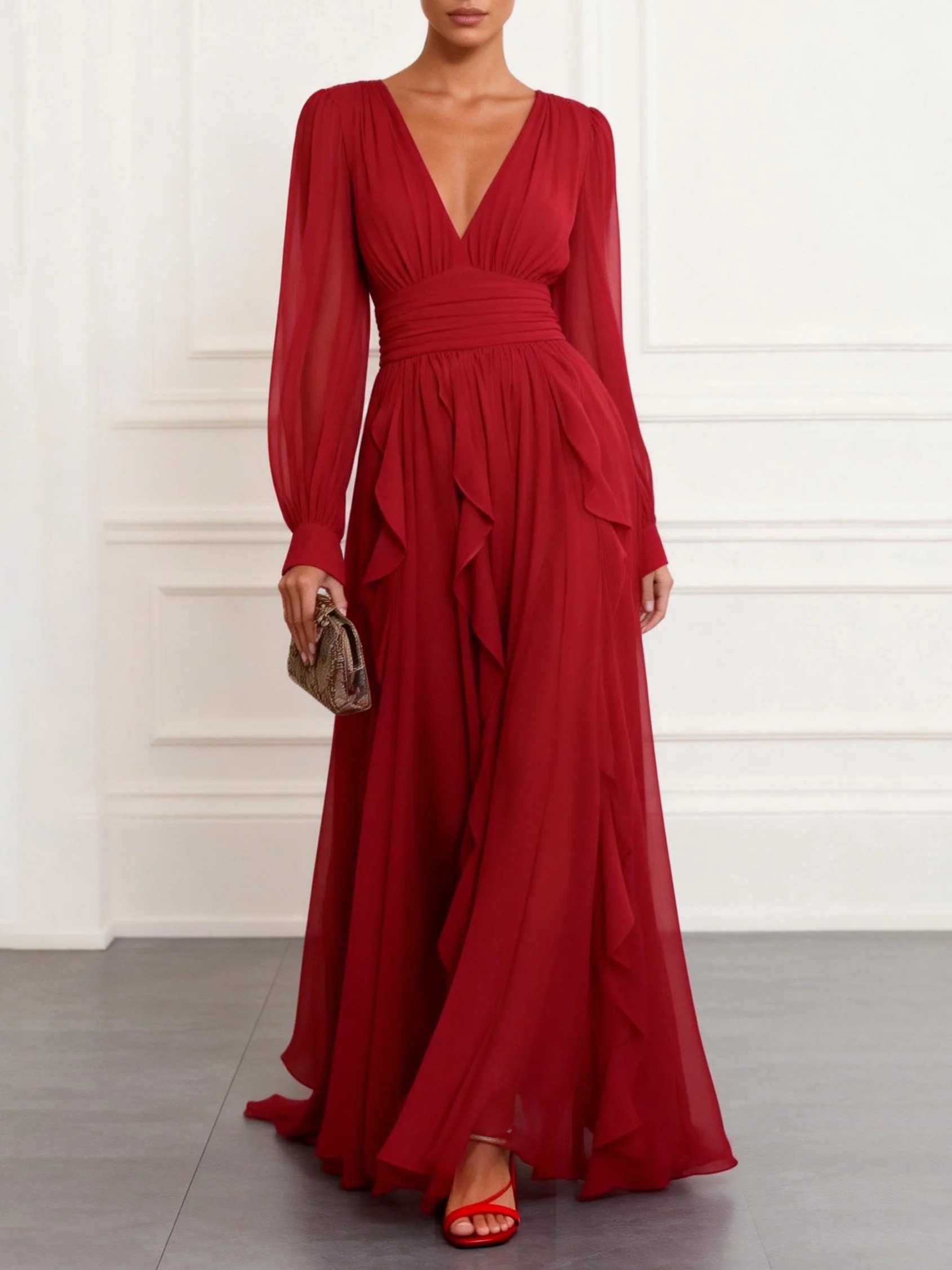 Red Ruffled Chiffon V Neck Long Sleeve Puff Sleeve A-Line Gown Dress
