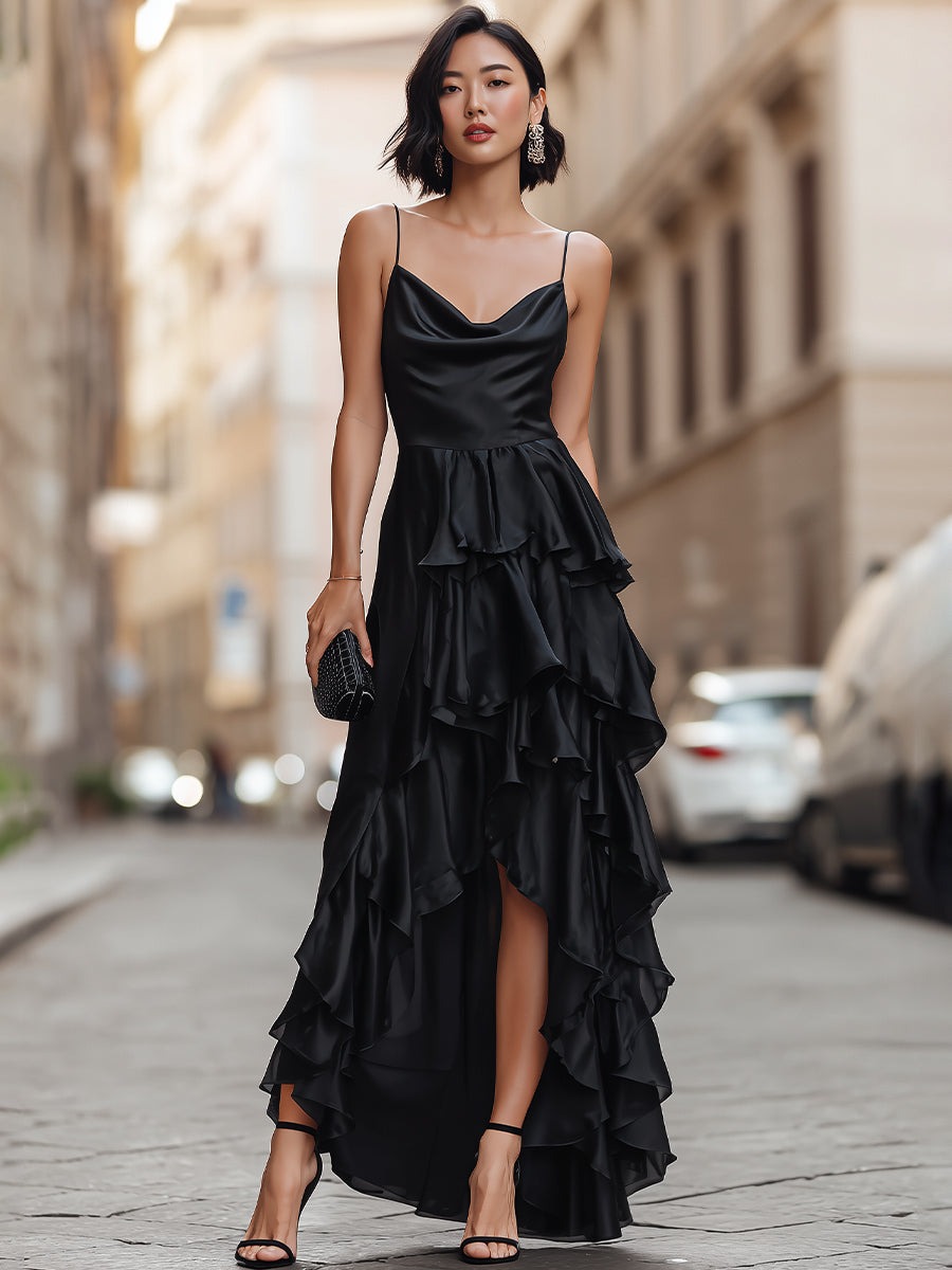Black Spaghetti Strap Draped Ruffle Maxi Dress