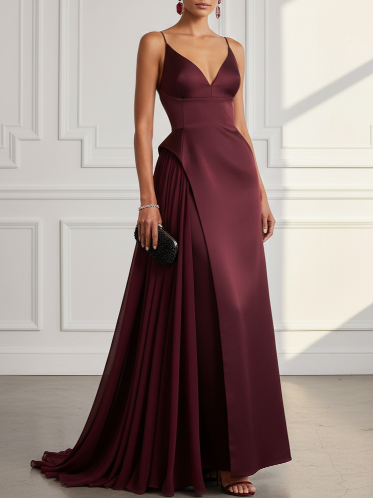 Burgundy Split Joint Mesh Satin Spaghetti Gallus A-Line Gown Dress