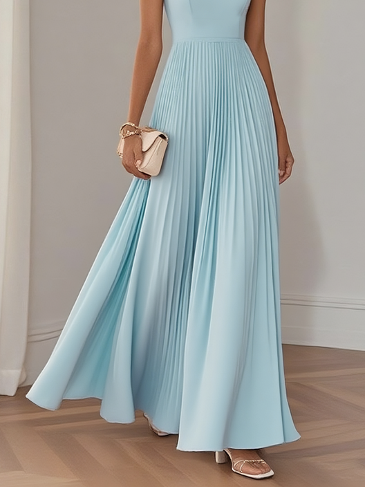 Light Blue Pleated Square Neck Sleeveless A-Line Maxi Dress