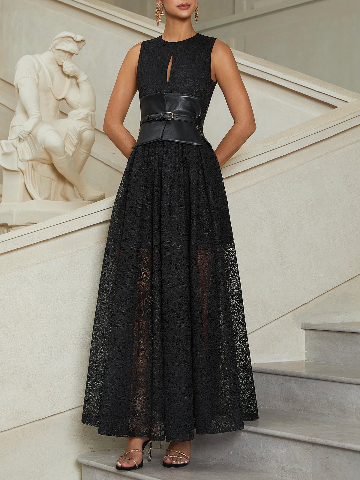 Black Lace Hollow Out Lace Crew Neck Sleeveless A-Line Maxi Dress