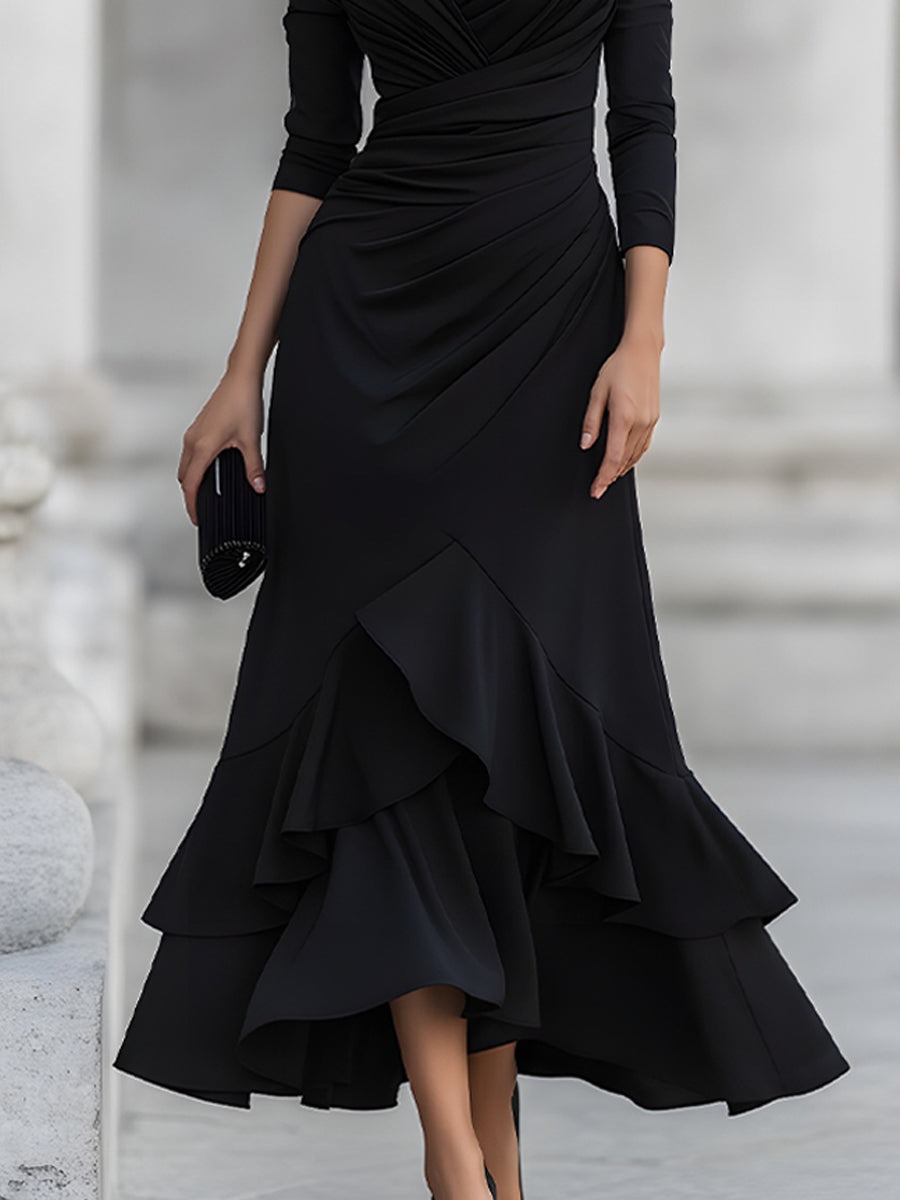 Black One-Shoulder Ruched Asymmetric Ruffle Hem Midi Dress