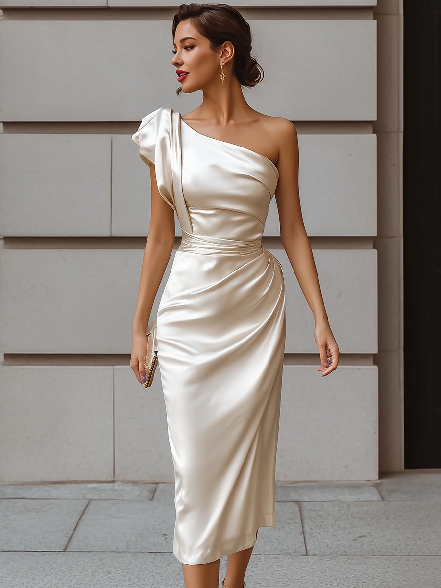 Light Beige Elegant One-Shoulder Satin Midi Dress