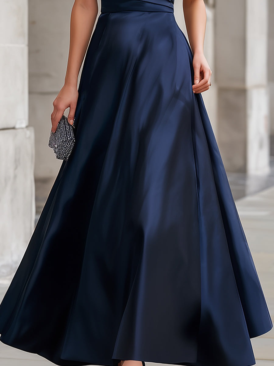 Navy Off-the-Shoulder Satin Gown