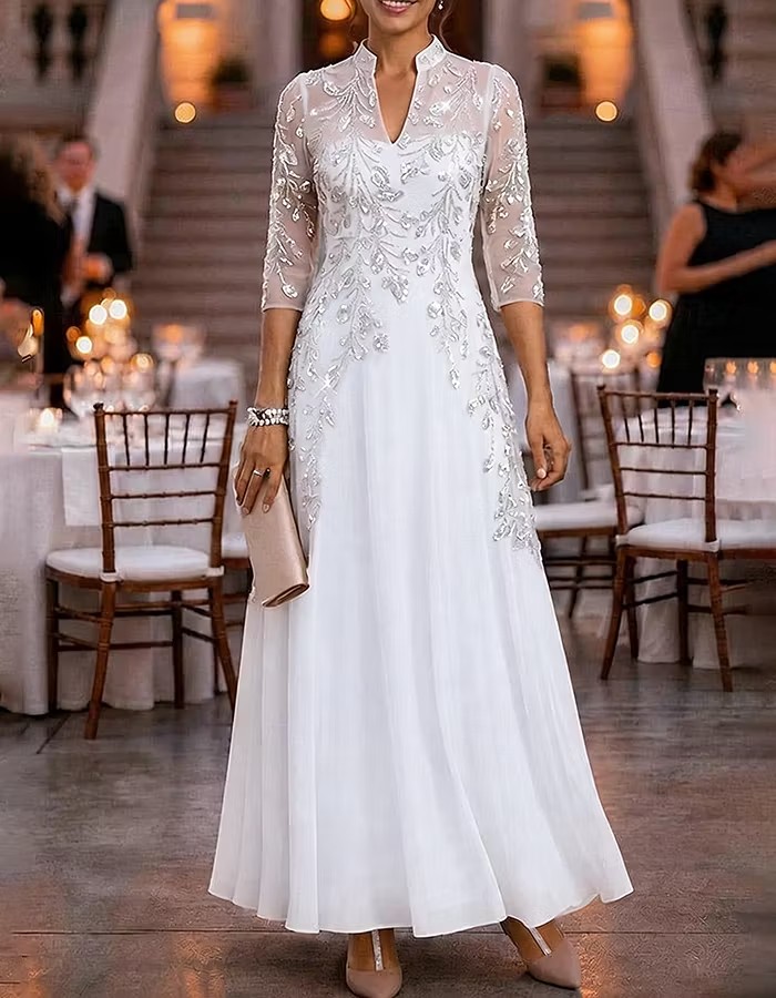 Stand Collar Half Sleeve Beaded Chiffon Evening Gown