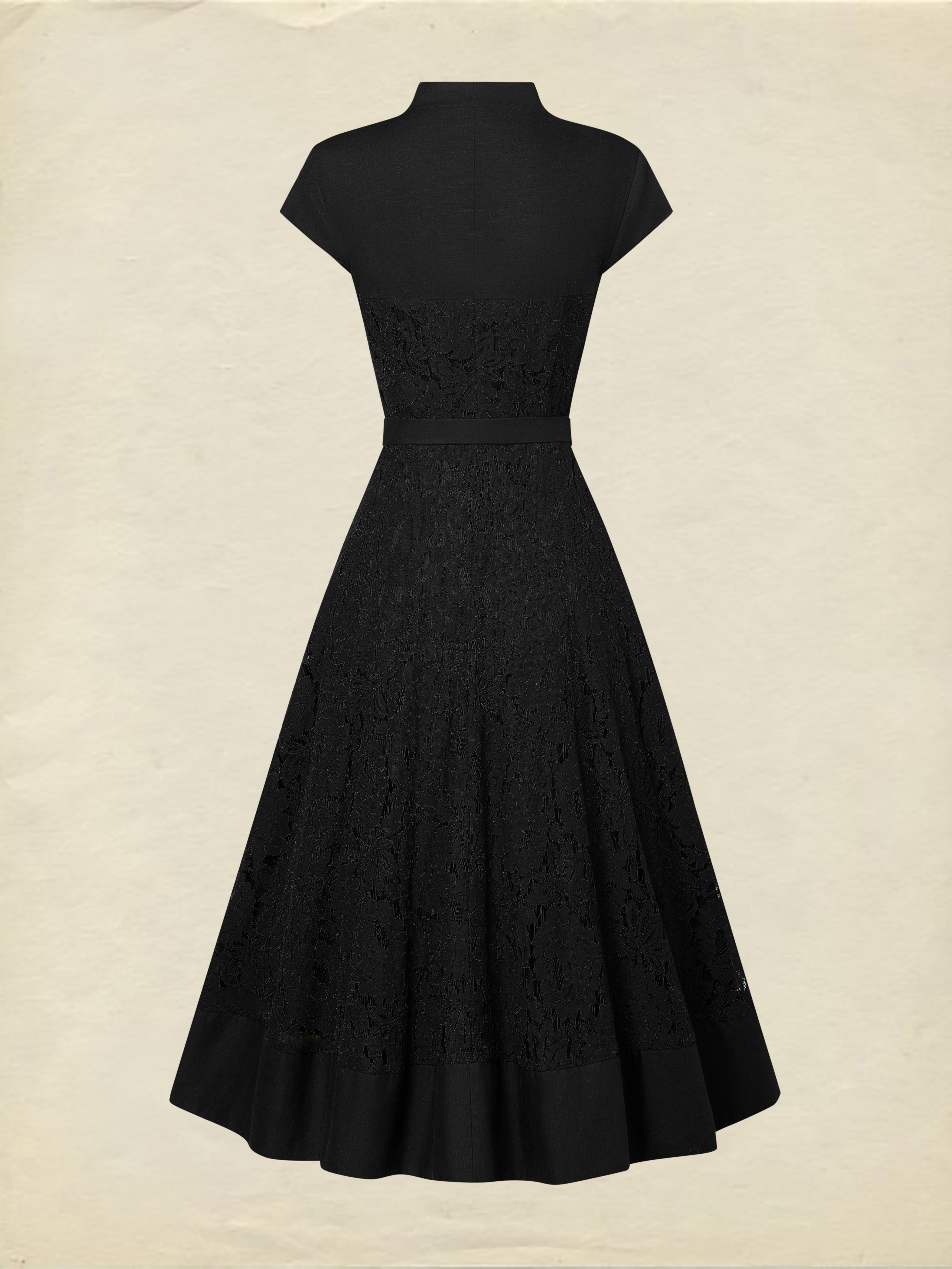 Lace Trim Linen Midi Dress with Buttons Black
