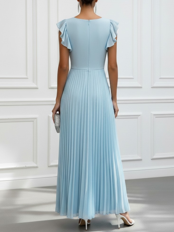 Light Blue Pleated Ruffled Chiffon Boat Neck Short Sleeve Ruffle Sleeve A-Line Maxi Dress