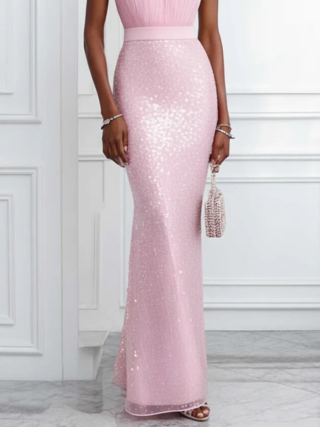 Pink Imitation Pearls Cut Out Sequin Halter Sleeveless Sheath Maxi Dress