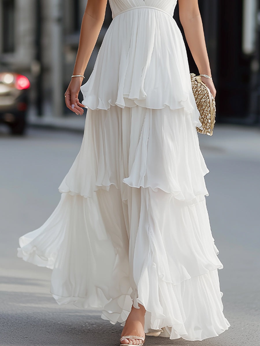 White Tiered V-Neck Spaghetti Strap Maxi Dress