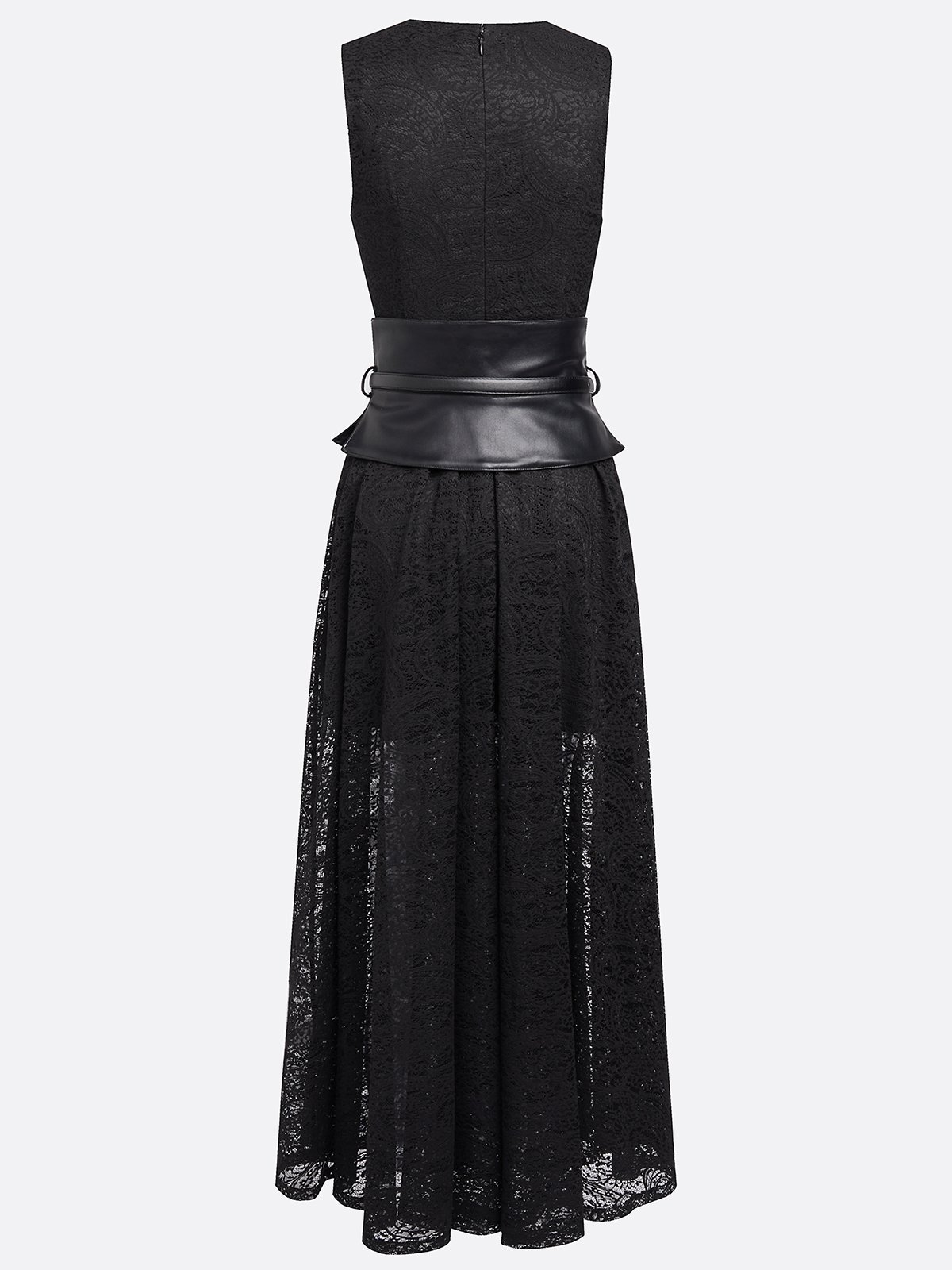 Black Lace Hollow Out Lace Crew Neck Sleeveless A-Line Maxi Dress