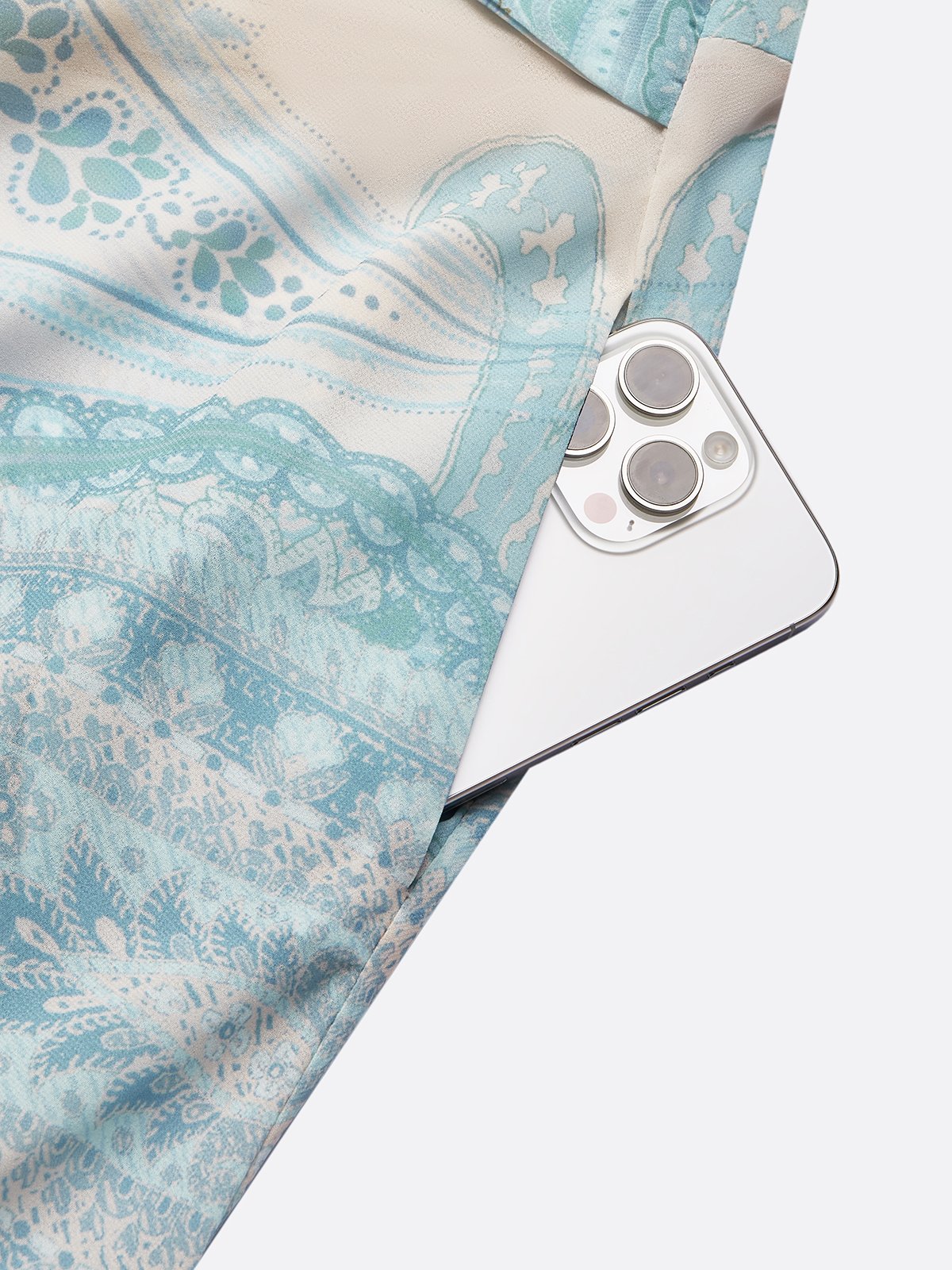 Light Blue Paisley Chiffon Crew Neck Long Sleeve Balloon Sleeve A-Line Maxi Dress