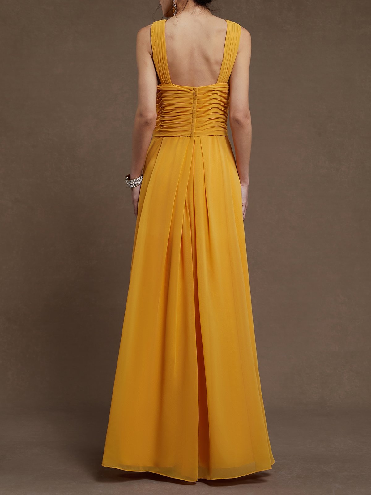 Yellow Pleated Cross Neck Sleeveless A-Line Maxi Chiffon Bridesmaid Dress
