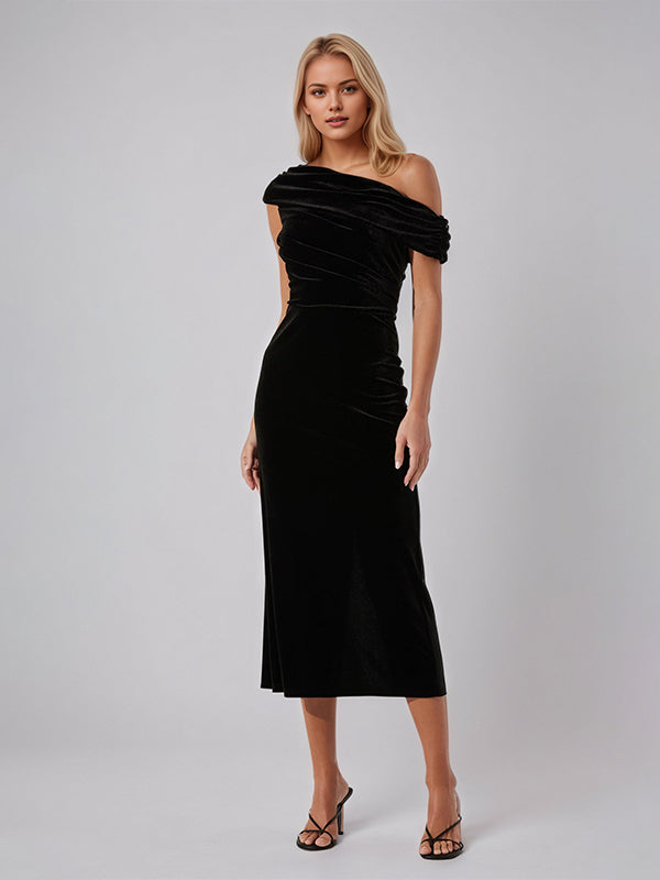 Black Velvet Sheath/Column One Shoulder Sleeveless Tea Length Dresses