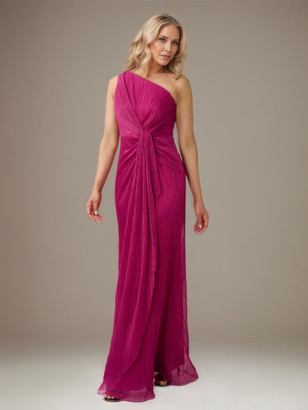 Fuchsia Chiffon One Shoulder Sleeveless Floor Length Pleated Dress