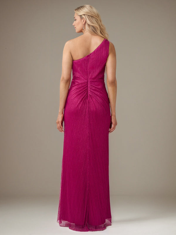 Fuchsia Chiffon One Shoulder Sleeveless Floor Length Pleated Dress